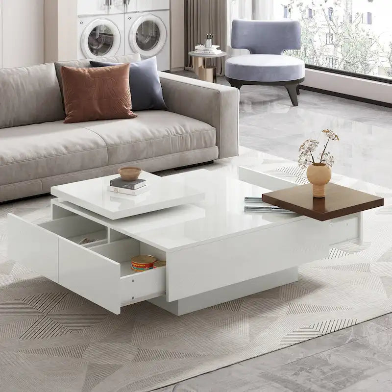Square Coffee Table With Sliding Tabletop, Modern Coffee Table With 4 Hidden Storage Compartments, Accent Center Table