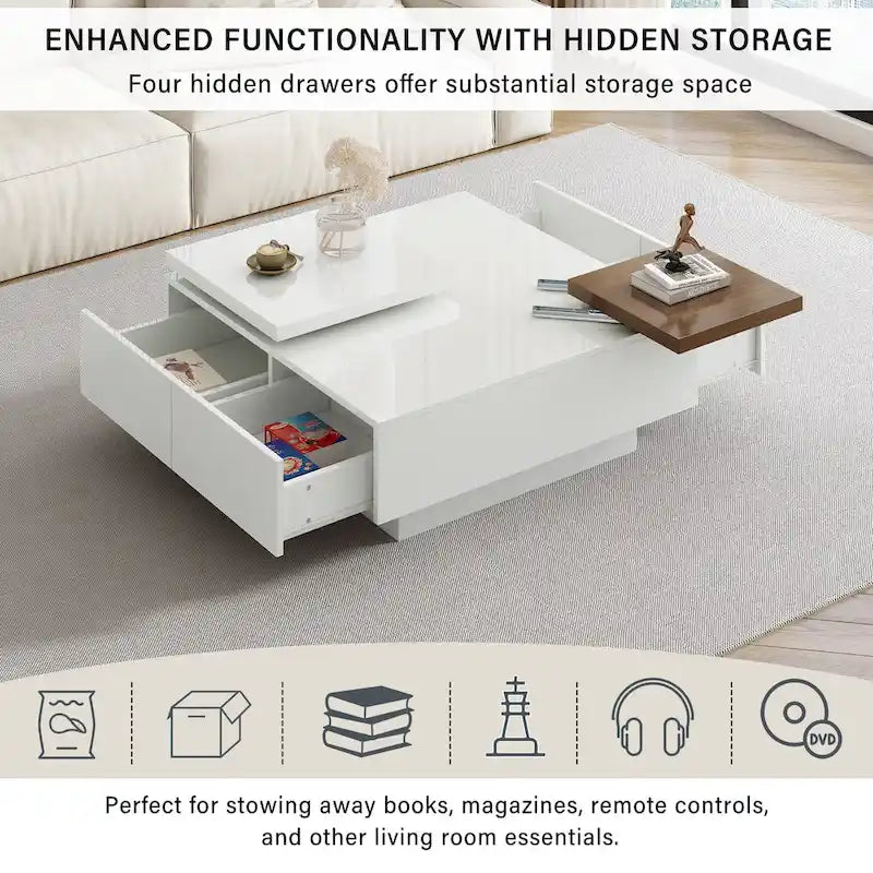 Square Coffee Table With Sliding Tabletop, Modern Coffee Table With 4 Hidden Storage Compartments, Accent Center Table