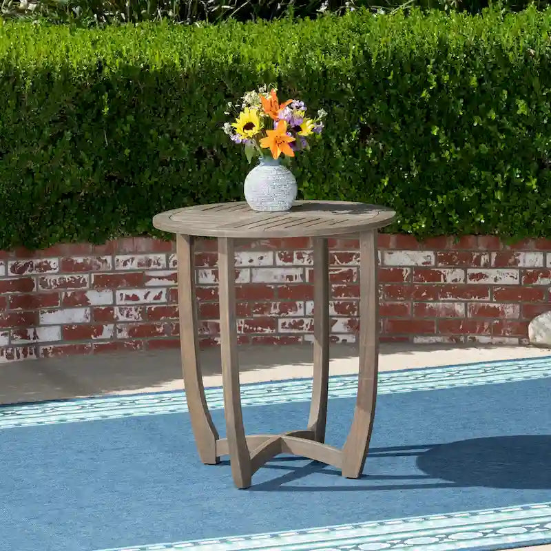 27.5 Inch Grey Acacia Wood Bistro Table Round Rustic Outdoor Slat Top
