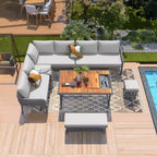 L-shape Outdoor Sectional Sofa Set 6-Piece Rope Patio Furniture Couch with Storage Coffee Table, Stools and Bench