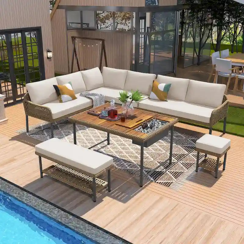 L-shape Outdoor Sectional Sofa Set 6-Piece Rope Patio Furniture Couch with Storage Coffee Table, Stools and Bench