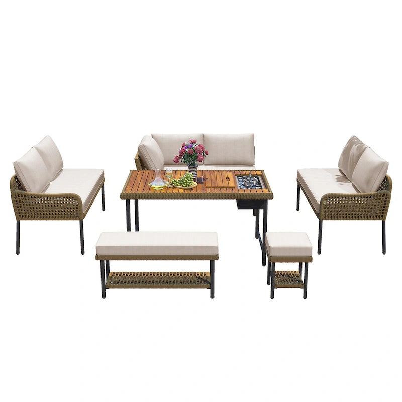 L-shape Outdoor Sectional Sofa Set 6-Piece Rope Patio Furniture Couch with Storage Coffee Table, Stools and Bench