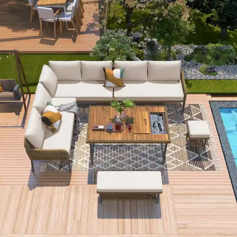 L-shape Outdoor Sectional Sofa Set 6-Piece Rope Patio Furniture Couch with Storage Coffee Table, Stools and Bench