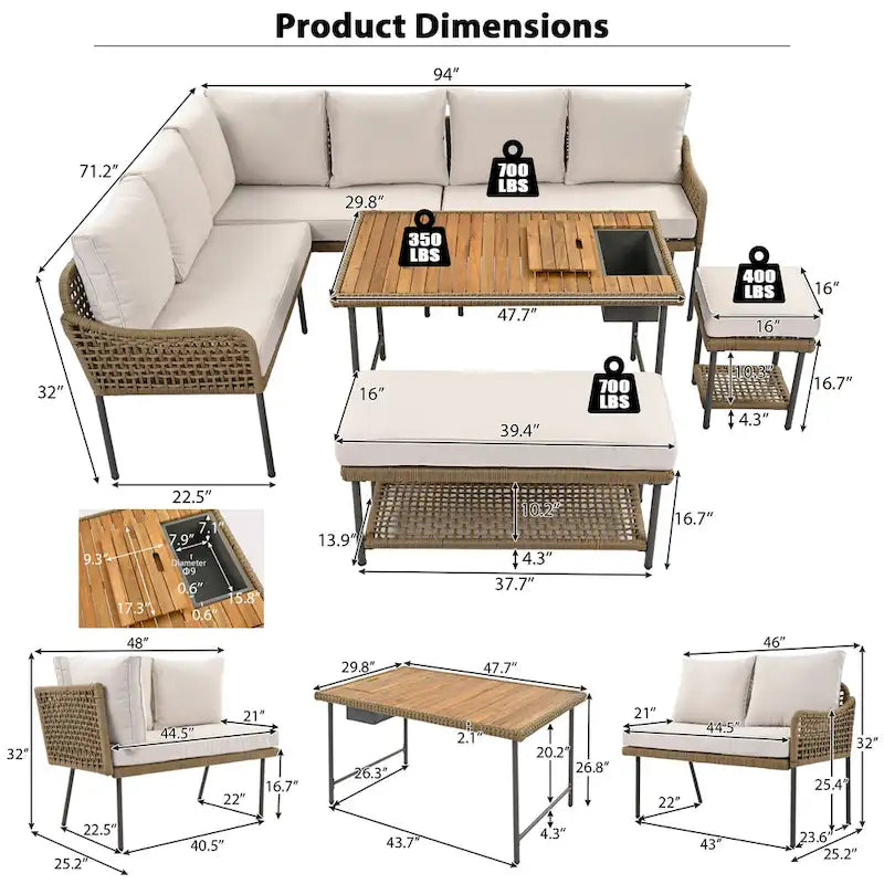 L-shape Outdoor Sectional Sofa Set 6-Piece Rope Patio Furniture Couch with Storage Coffee Table, Stools and Bench