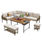 L-shape Outdoor Sectional Sofa Set 6-Piece Rope Patio Furniture Couch with Storage Coffee Table, Stools and Bench