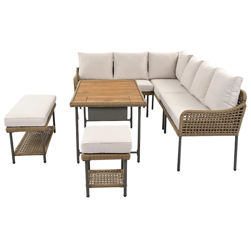 L-shape Outdoor Sectional Sofa Set 6-Piece Rope Patio Furniture Couch with Storage Coffee Table, Stools and Bench