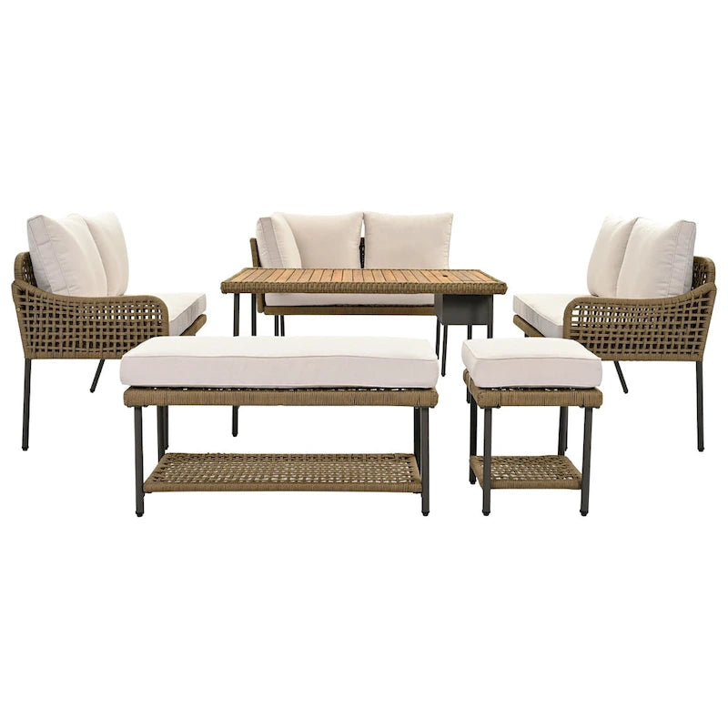 L-shape Outdoor Sectional Sofa Set 6-Piece Rope Patio Furniture Couch with Storage Coffee Table, Stools and Bench