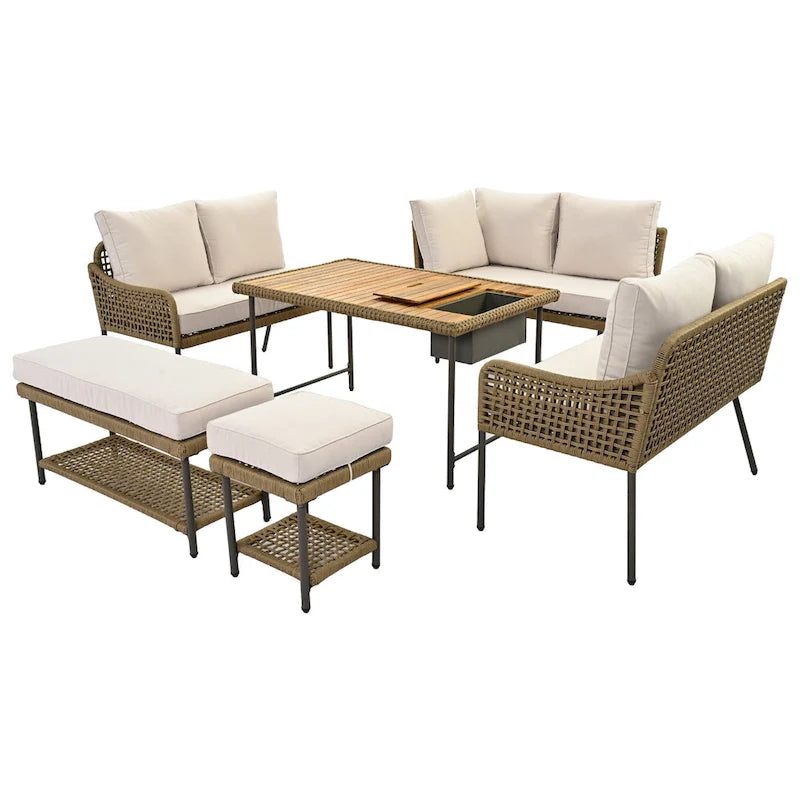 L-shape Outdoor Sectional Sofa Set 6-Piece Rope Patio Furniture Couch with Storage Coffee Table, Stools and Bench