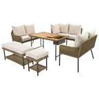 L-shape Outdoor Sectional Sofa Set 6-Piece Rope Patio Furniture Couch with Storage Coffee Table, Stools and Bench