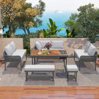L-shape Outdoor Sectional Sofa Set 6-Piece Rope Patio Furniture Couch with Storage Coffee Table, Stools and Bench