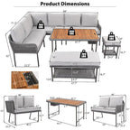 L-shape Outdoor Sectional Sofa Set 6-Piece Rope Patio Furniture Couch with Storage Coffee Table, Stools and Bench