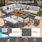 L-shape Outdoor Sectional Sofa Set 6-Piece Rope Patio Furniture Couch with Storage Coffee Table, Stools and Bench