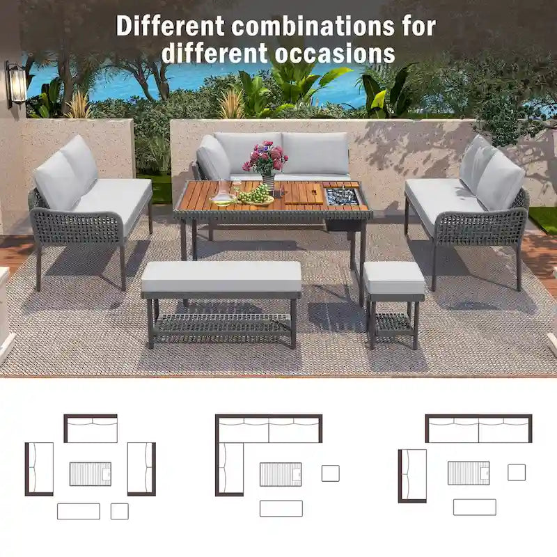 L-shape Outdoor Sectional Sofa Set 6-Piece Rope Patio Furniture Couch with Storage Coffee Table, Stools and Bench