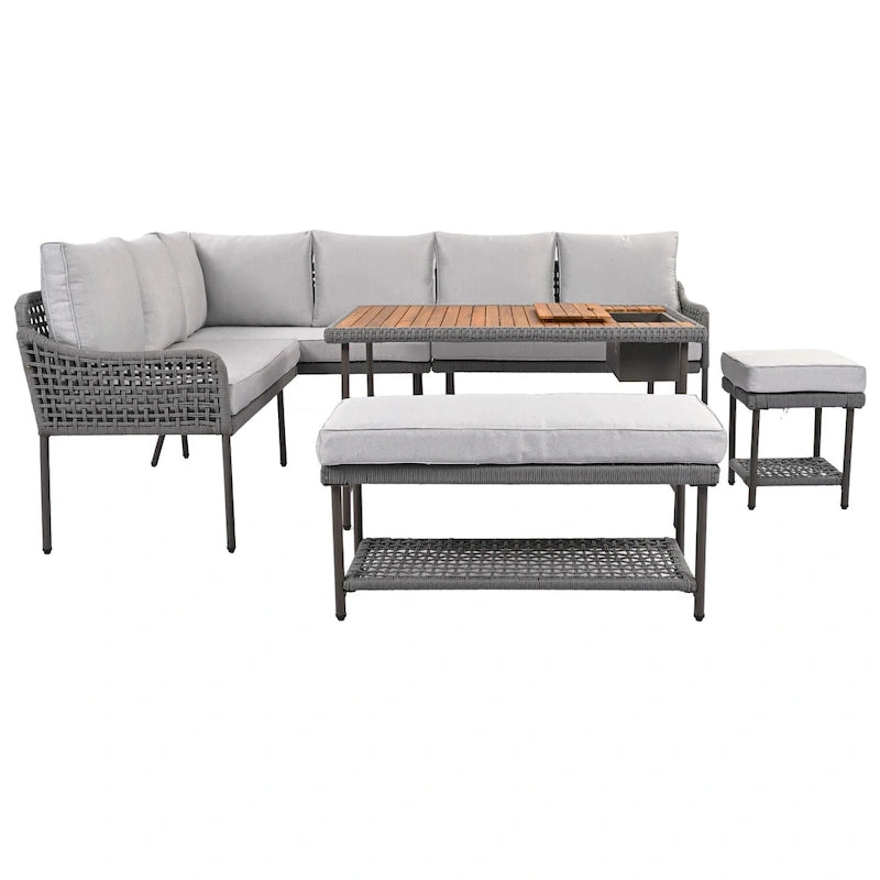 L-shape Outdoor Sectional Sofa Set 6-Piece Rope Patio Furniture Couch with Storage Coffee Table, Stools and Bench