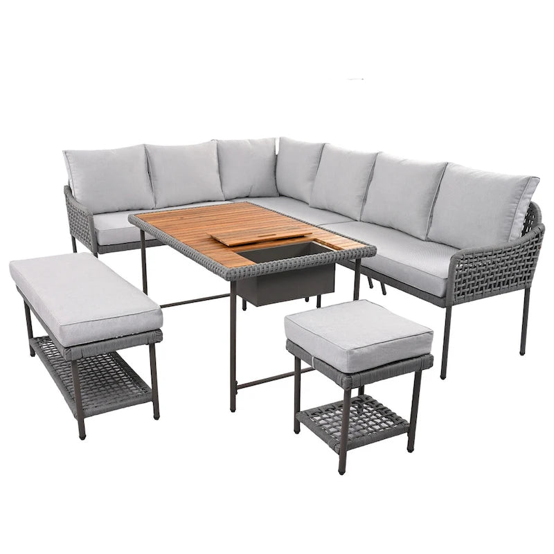 L-shape Outdoor Sectional Sofa Set 6-Piece Rope Patio Furniture Couch with Storage Coffee Table, Stools and Bench