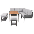 L-shape Outdoor Sectional Sofa Set 6-Piece Rope Patio Furniture Couch with Storage Coffee Table, Stools and Bench