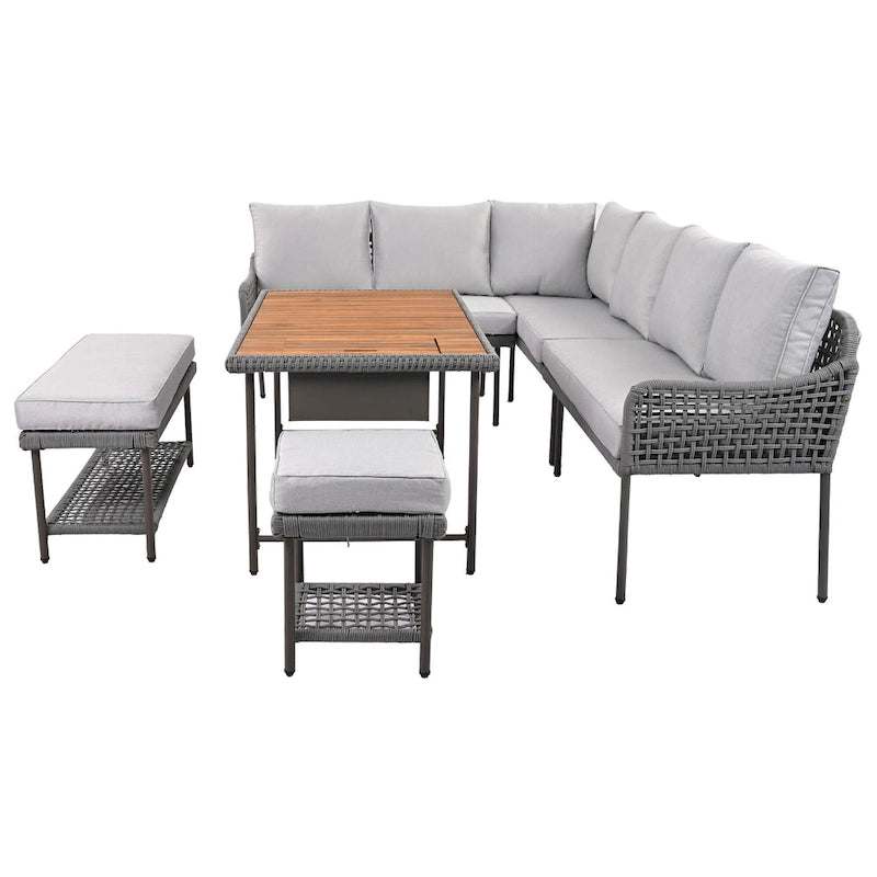 L-shape Outdoor Sectional Sofa Set 6-Piece Rope Patio Furniture Couch with Storage Coffee Table, Stools and Bench