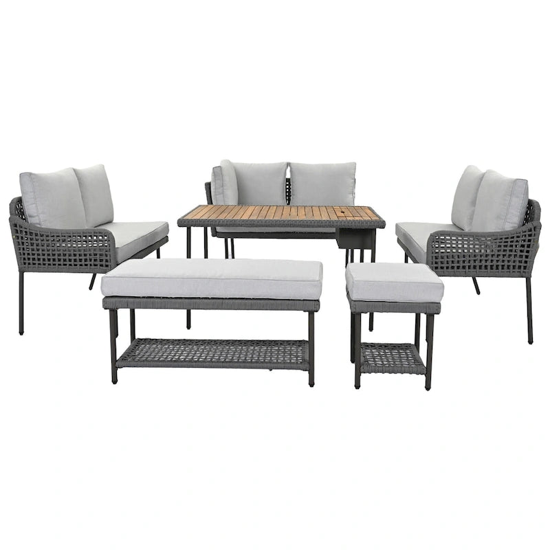 L-shape Outdoor Sectional Sofa Set 6-Piece Rope Patio Furniture Couch with Storage Coffee Table, Stools and Bench