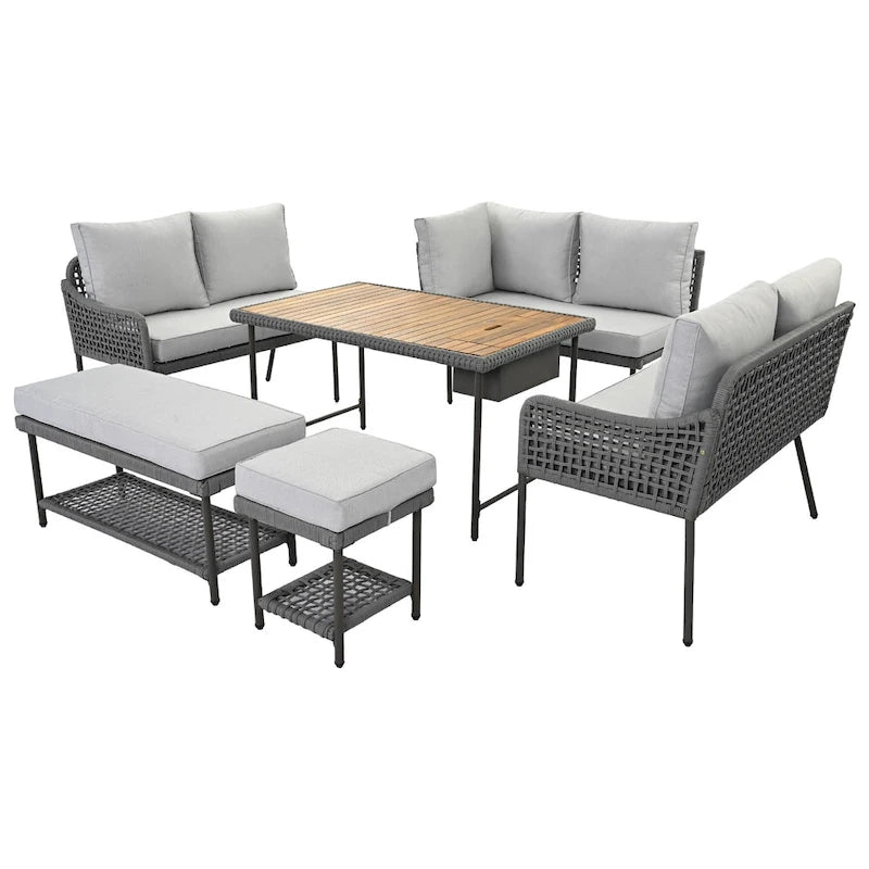 L-shape Outdoor Sectional Sofa Set 6-Piece Rope Patio Furniture Couch with Storage Coffee Table, Stools and Bench