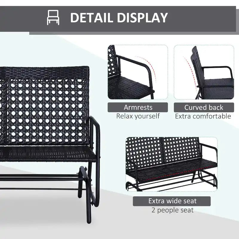 Outsunny Patio Rocking Bench Chair, 2-Person Ergonomic Wicker Glider Loveseat with PE Rattan for Outdoor Spaces, Garden & Porch