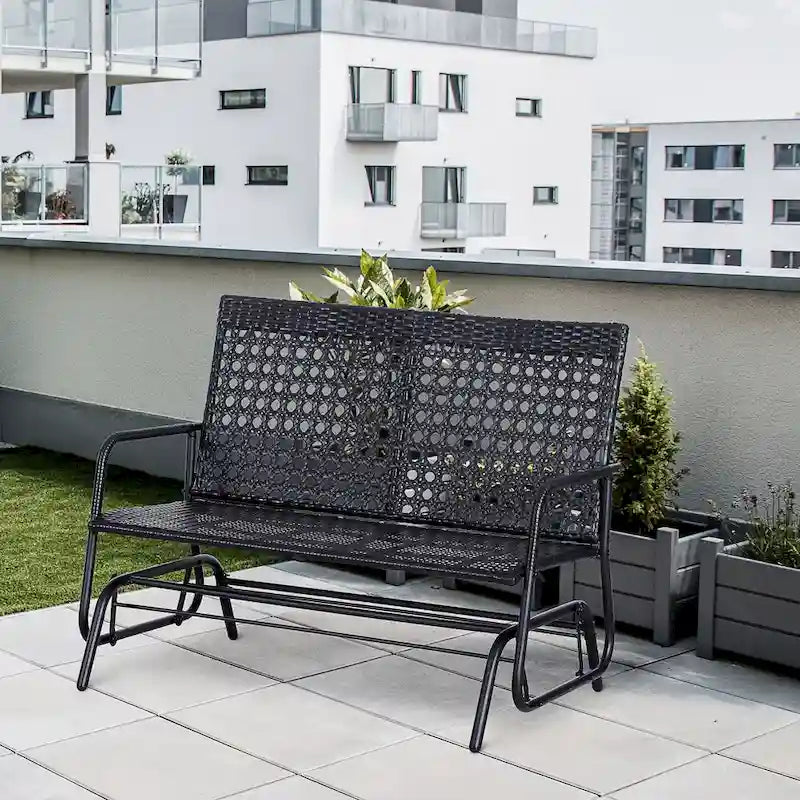Outsunny Patio Rocking Bench Chair, 2-Person Ergonomic Wicker Glider Loveseat with PE Rattan for Outdoor Spaces, Garden & Porch