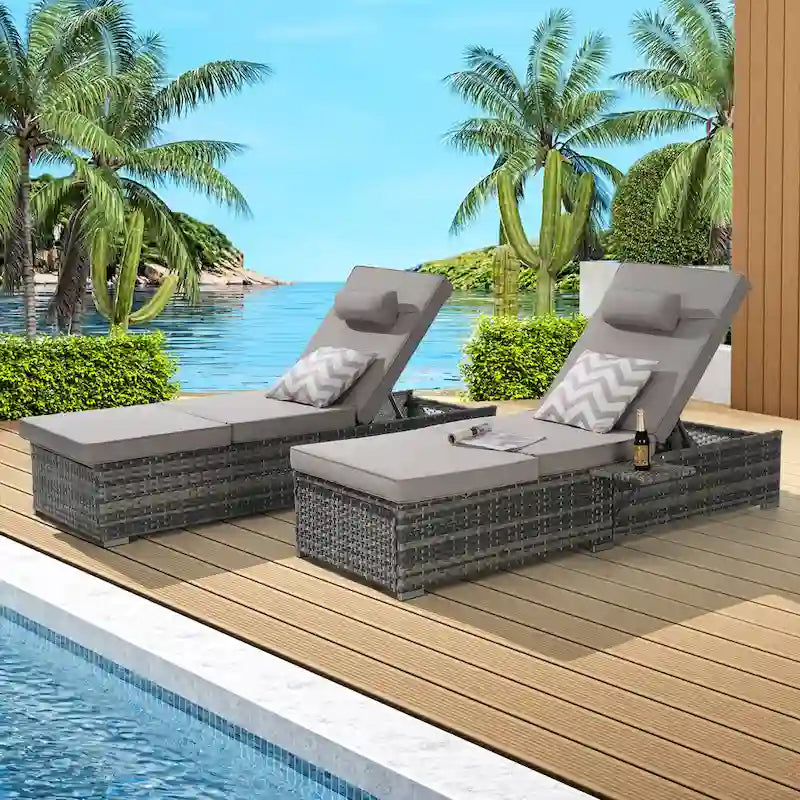 GDFStudio - Amelia Outdoor Chaise Lounge Chair Set of 2 with Adjustable Recline and Side Table for Poolside Relaxation