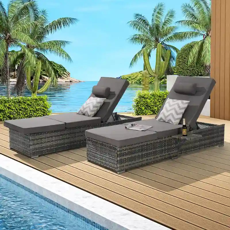 GDFStudio - Amelia Outdoor Chaise Lounge Chair Set of 2 with Adjustable Recline and Side Table for Poolside Relaxation