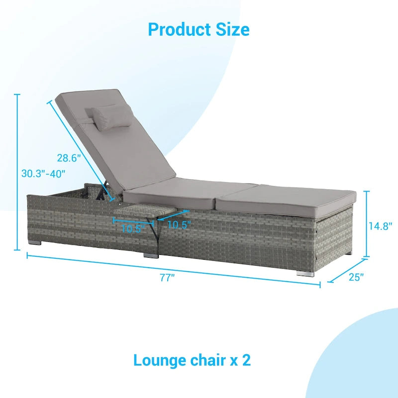 GDFStudio - Amelia Outdoor Chaise Lounge Chair Set of 2 with Adjustable Recline and Side Table for Poolside Relaxation