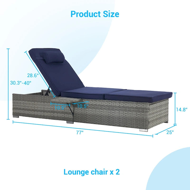 GDFStudio - Amelia Outdoor Chaise Lounge Chair Set of 2 with Adjustable Recline and Side Table for Poolside Relaxation