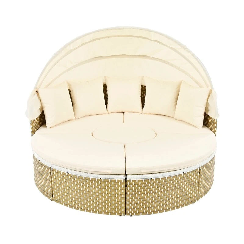 Round Patio Sectional Sofa Set  Two-Tone Rattan Daybed with Retractable Canopy & Modular Seating