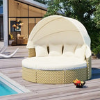 Round Patio Sectional Sofa Set  Two-Tone Rattan Daybed with Retractable Canopy & Modular Seating