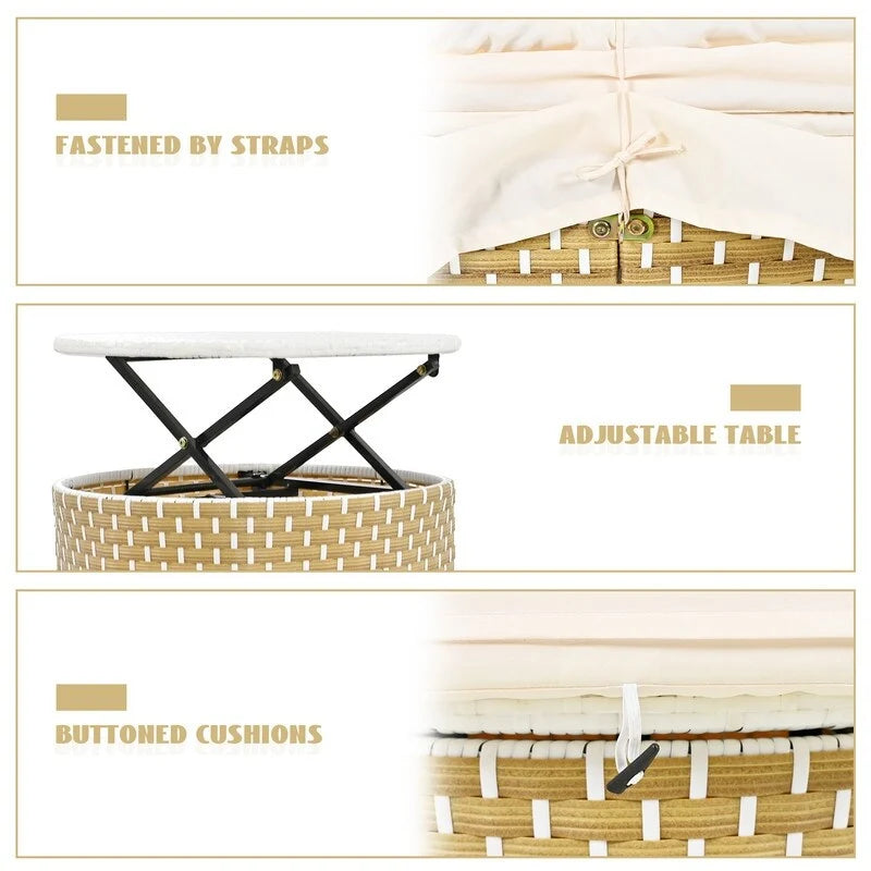 Round Patio Sectional Sofa Set  Two-Tone Rattan Daybed with Retractable Canopy & Modular Seating