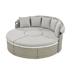 Round Patio Sectional Sofa Set  Two-Tone Rattan Daybed with Retractable Canopy & Modular Seating