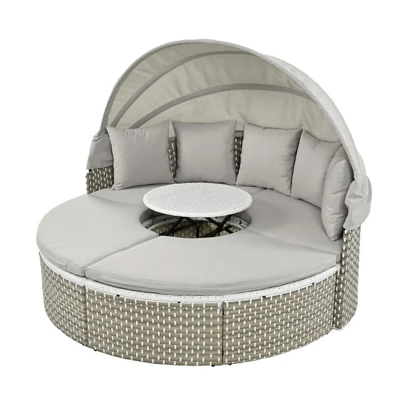 Round Patio Sectional Sofa Set  Two-Tone Rattan Daybed with Retractable Canopy & Modular Seating