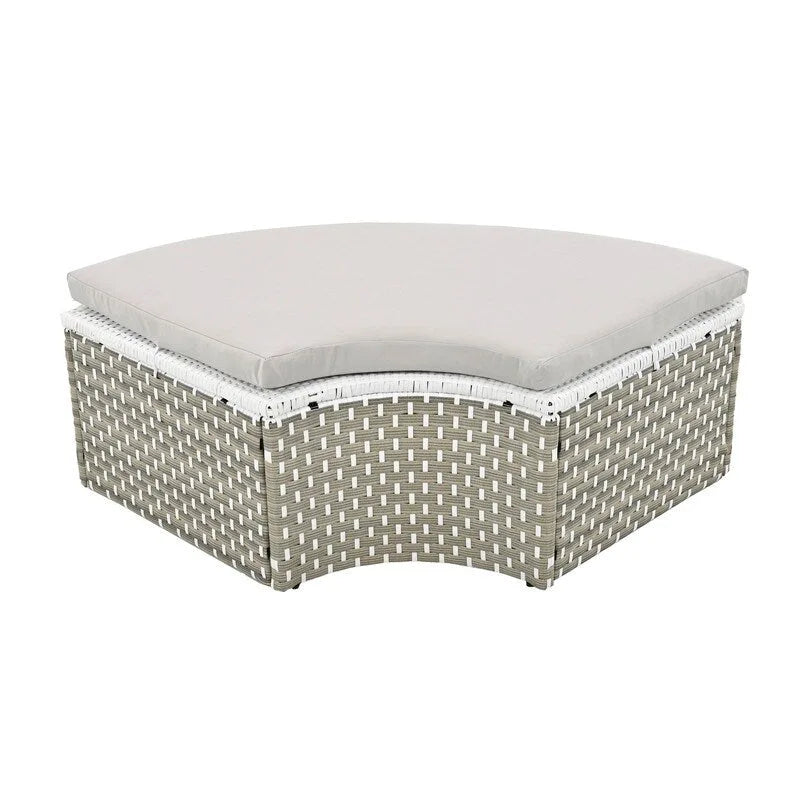 Round Patio Sectional Sofa Set  Two-Tone Rattan Daybed with Retractable Canopy & Modular Seating