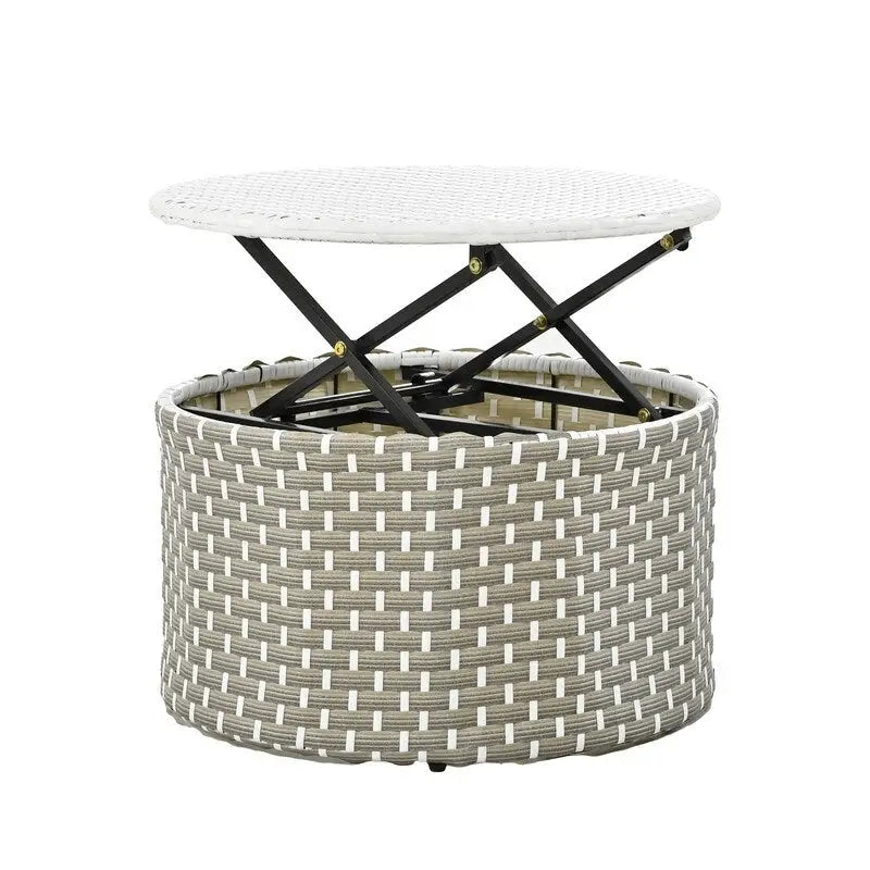 Round Patio Sectional Sofa Set  Two-Tone Rattan Daybed with Retractable Canopy & Modular Seating