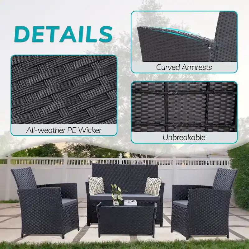 4 Piece Outdoor PE Wicker Furniture Set, Patio Rattan Sectional Sofa Couch with Washable Cushions