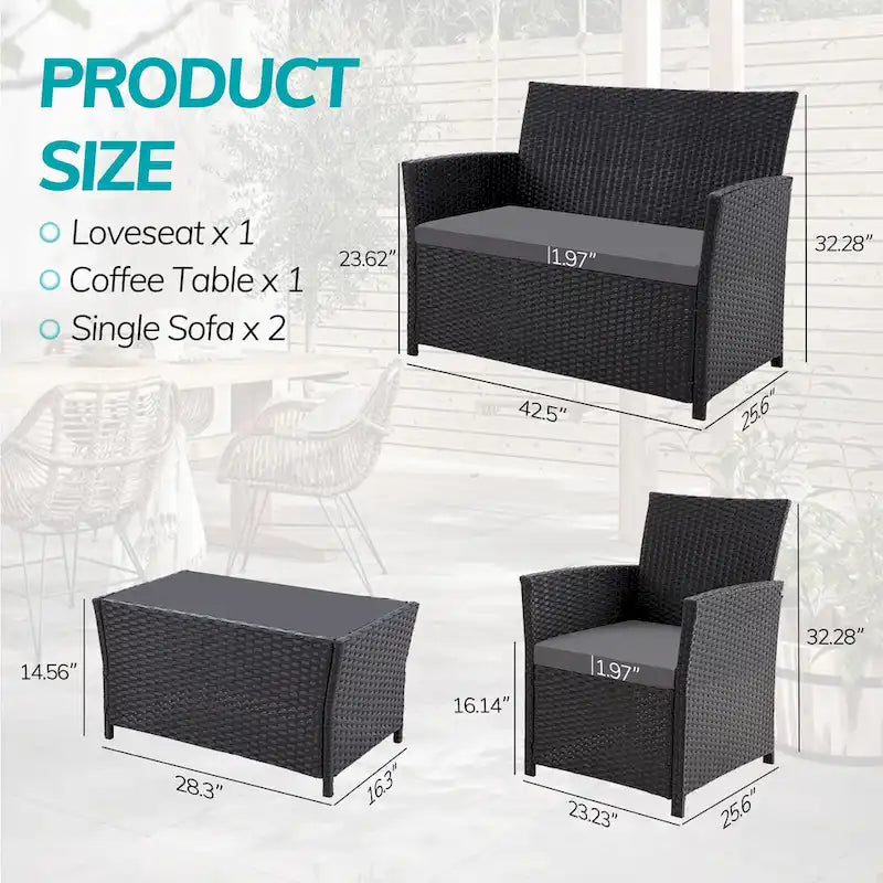 4 Piece Outdoor PE Wicker Furniture Set, Patio Rattan Sectional Sofa Couch with Washable Cushions