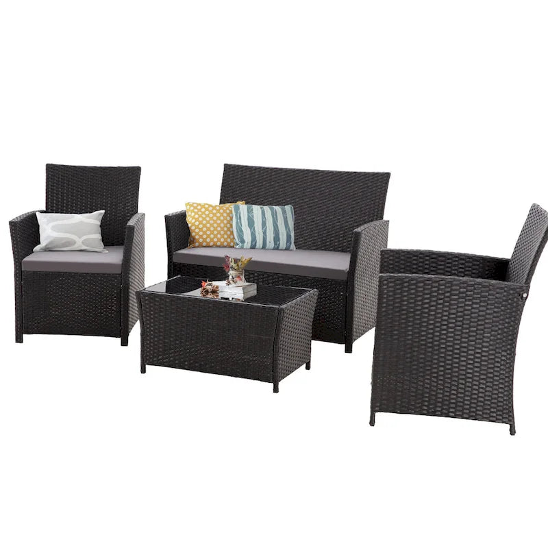 4 Piece Outdoor PE Wicker Furniture Set, Patio Rattan Sectional Sofa Couch with Washable Cushions