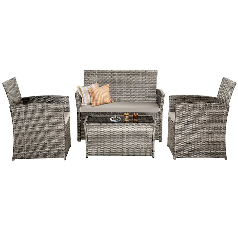 4 Piece Outdoor PE Wicker Furniture Set, Patio Rattan Sectional Sofa Couch with Washable Cushions