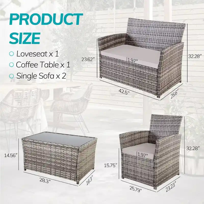 4 Piece Outdoor PE Wicker Furniture Set, Patio Rattan Sectional Sofa Couch with Washable Cushions