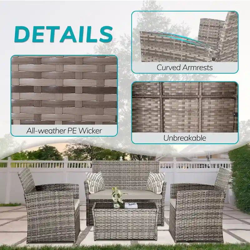 4 Piece Outdoor PE Wicker Furniture Set, Patio Rattan Sectional Sofa Couch with Washable Cushions