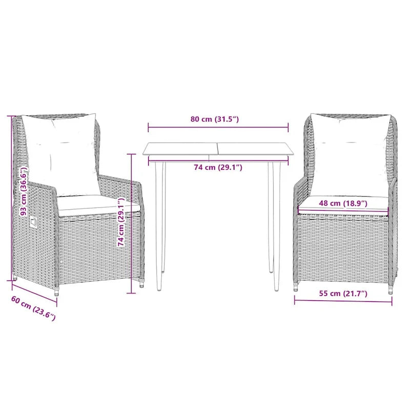 vidaXL Garden Dining Set Grey PE rattan Medium Removable Covers - 31.5 x 31.5 x 29.1/ 2