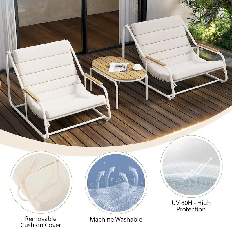 3 Pieces Outdoor Patio Chaise Lounges Chairs Set for Lawn Deck Beach, Conversation Sets Accent Arm Chairs with Acacia Side Table