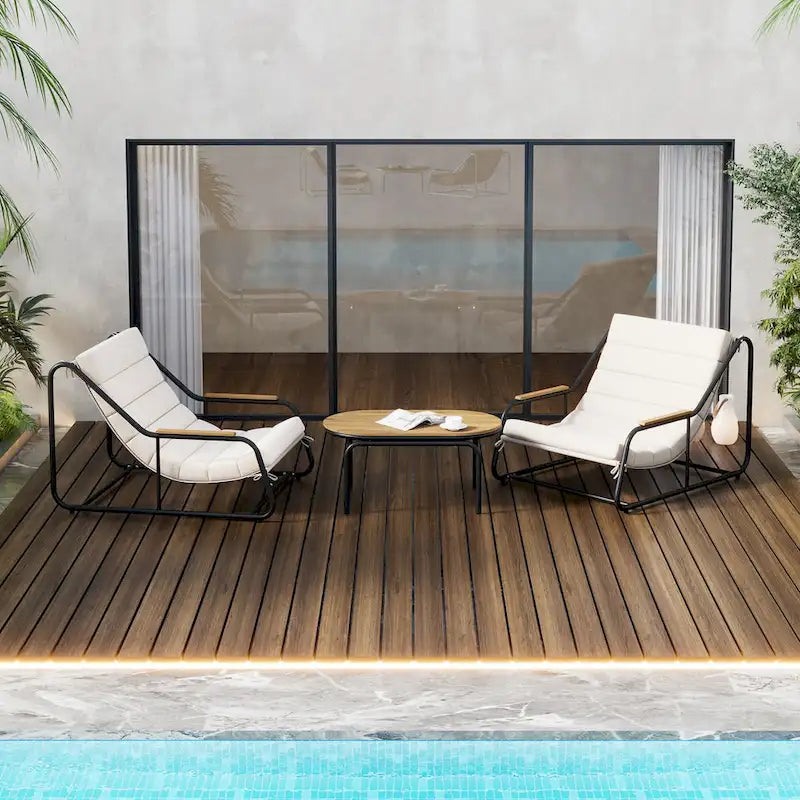 3 Pieces Outdoor Patio Chaise Lounges Chairs Set for Lawn Deck Beach, Conversation Sets Accent Arm Chairs with Acacia Side Table