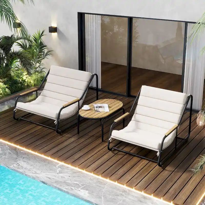 3 Pieces Outdoor Patio Chaise Lounges Chairs Set for Lawn Deck Beach, Conversation Sets Accent Arm Chairs with Acacia Side Table