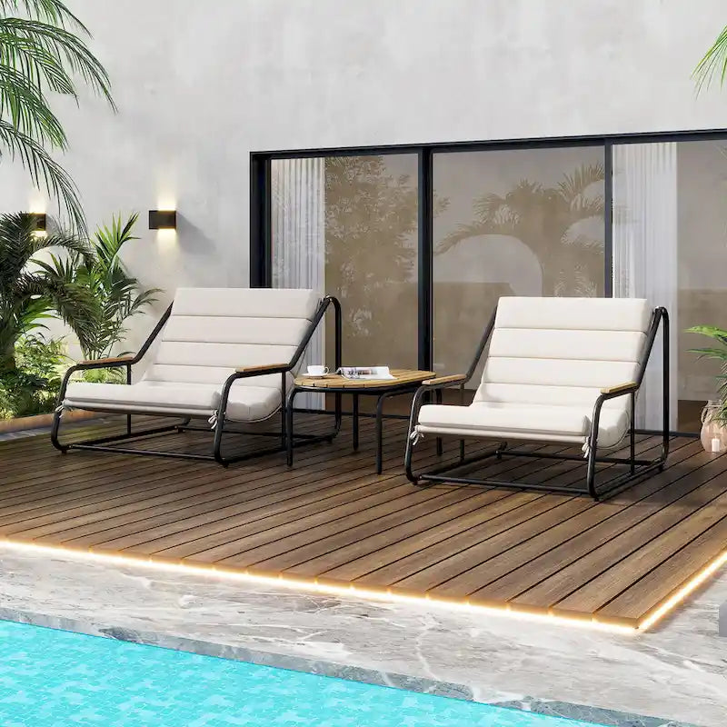3 Pieces Outdoor Patio Chaise Lounges Chairs Set for Lawn Deck Beach, Conversation Sets Accent Arm Chairs with Acacia Side Table