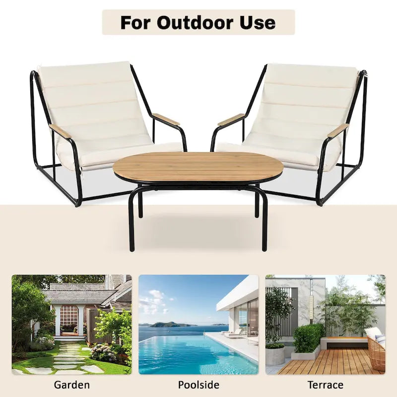 3 Pieces Outdoor Patio Chaise Lounges Chairs Set for Lawn Deck Beach, Conversation Sets Accent Arm Chairs with Acacia Side Table