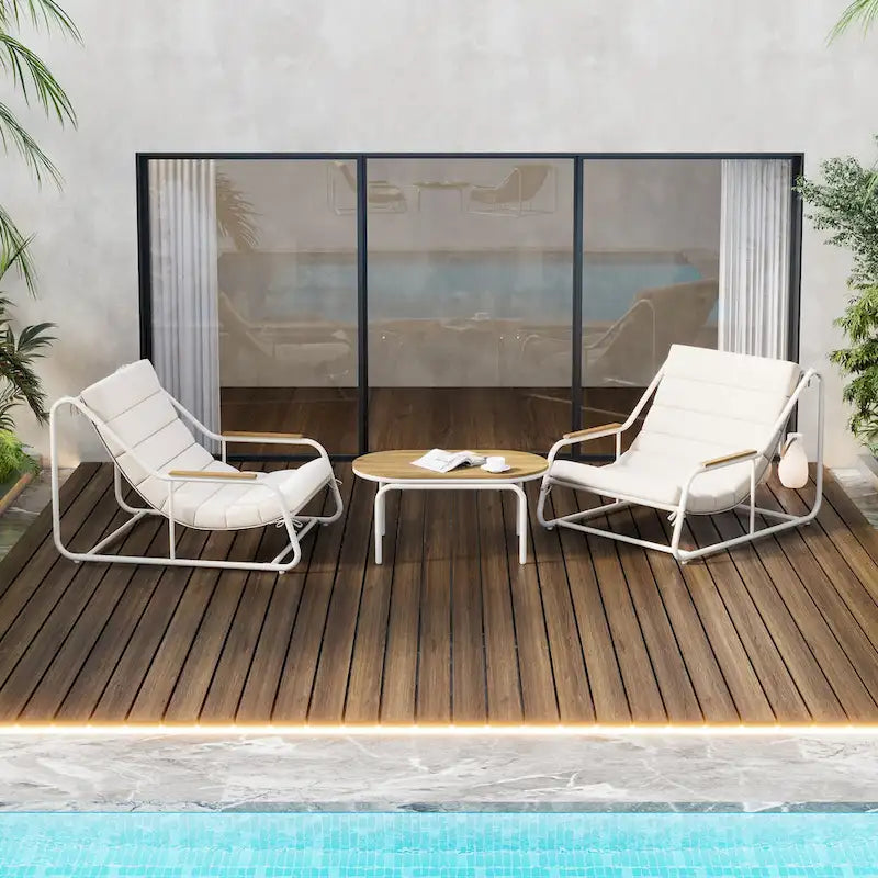 3 Pieces Outdoor Patio Chaise Lounges Chairs Set for Lawn Deck Beach, Conversation Sets Accent Arm Chairs with Acacia Side Table