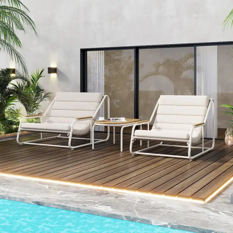 3 Pieces Outdoor Patio Chaise Lounges Chairs Set for Lawn Deck Beach, Conversation Sets Accent Arm Chairs with Acacia Side Table